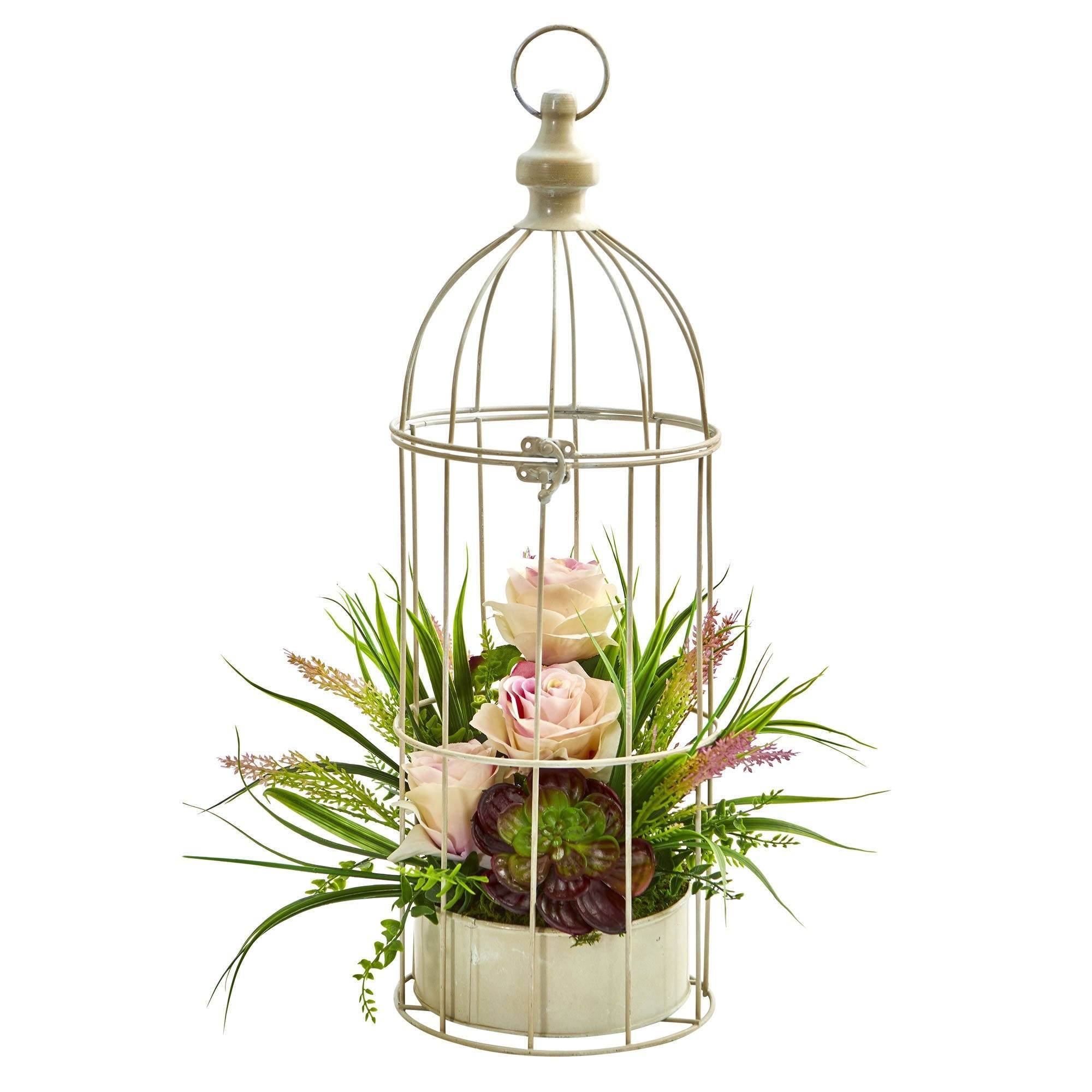  Rose, Grass & Succulent Artificial Arrangement in Bird Cage 