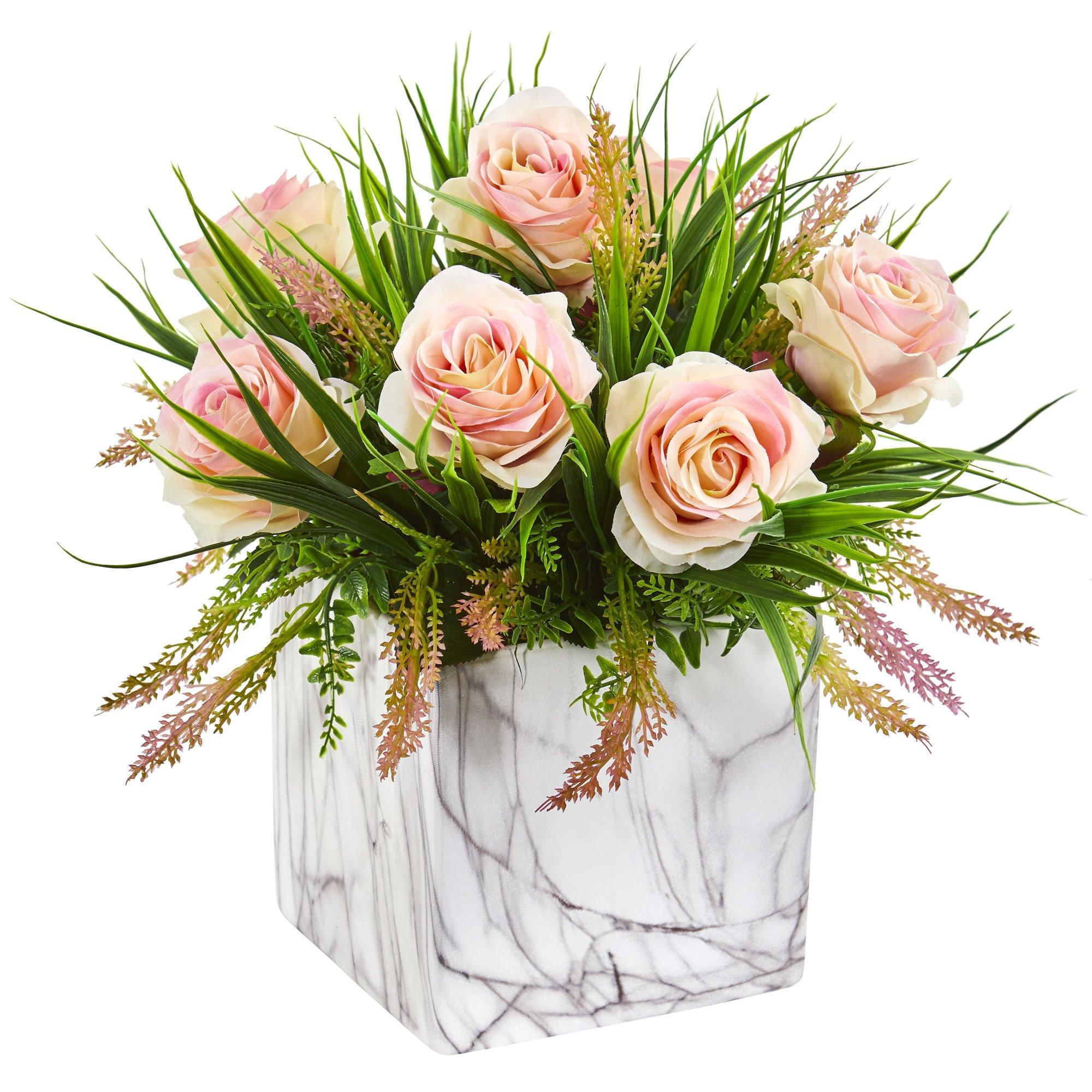  Roses & Grass Artificial Arrangement in Marble Finished Vase 