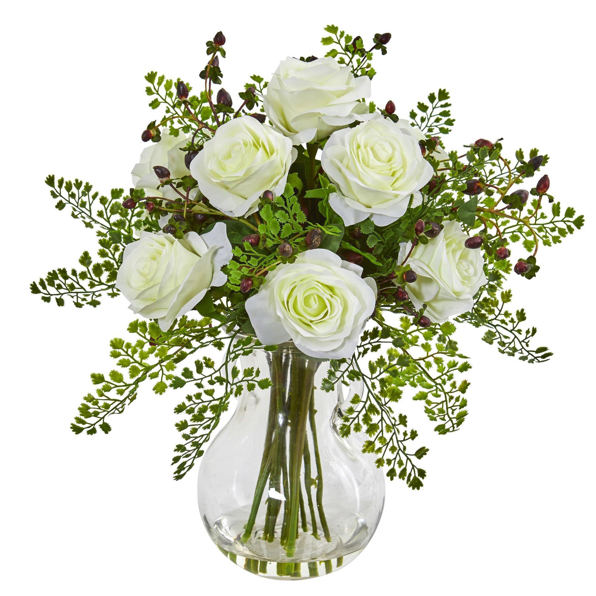  Roses & Maiden Hair Artificial Arrangement in Glass Vase 