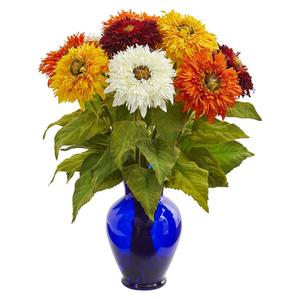 Sunflower Artificial Arrangement in Blue Vase 1656 Nearly Natural