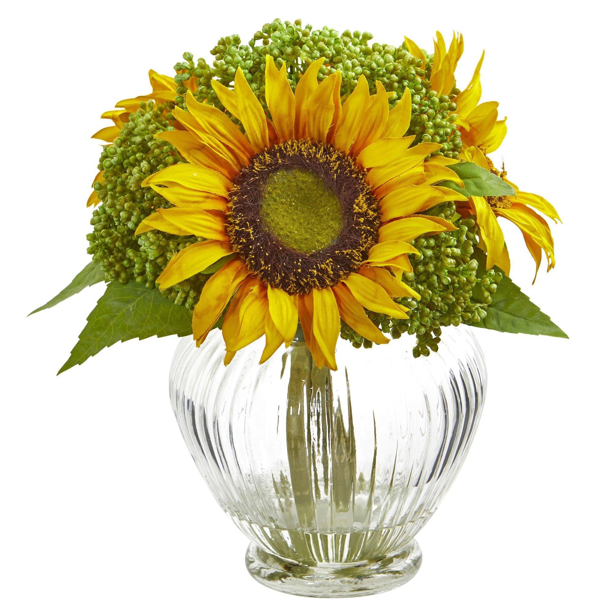 Sunflower Artificial Arrangement in Ribbed Glass Vase Nearly Natural