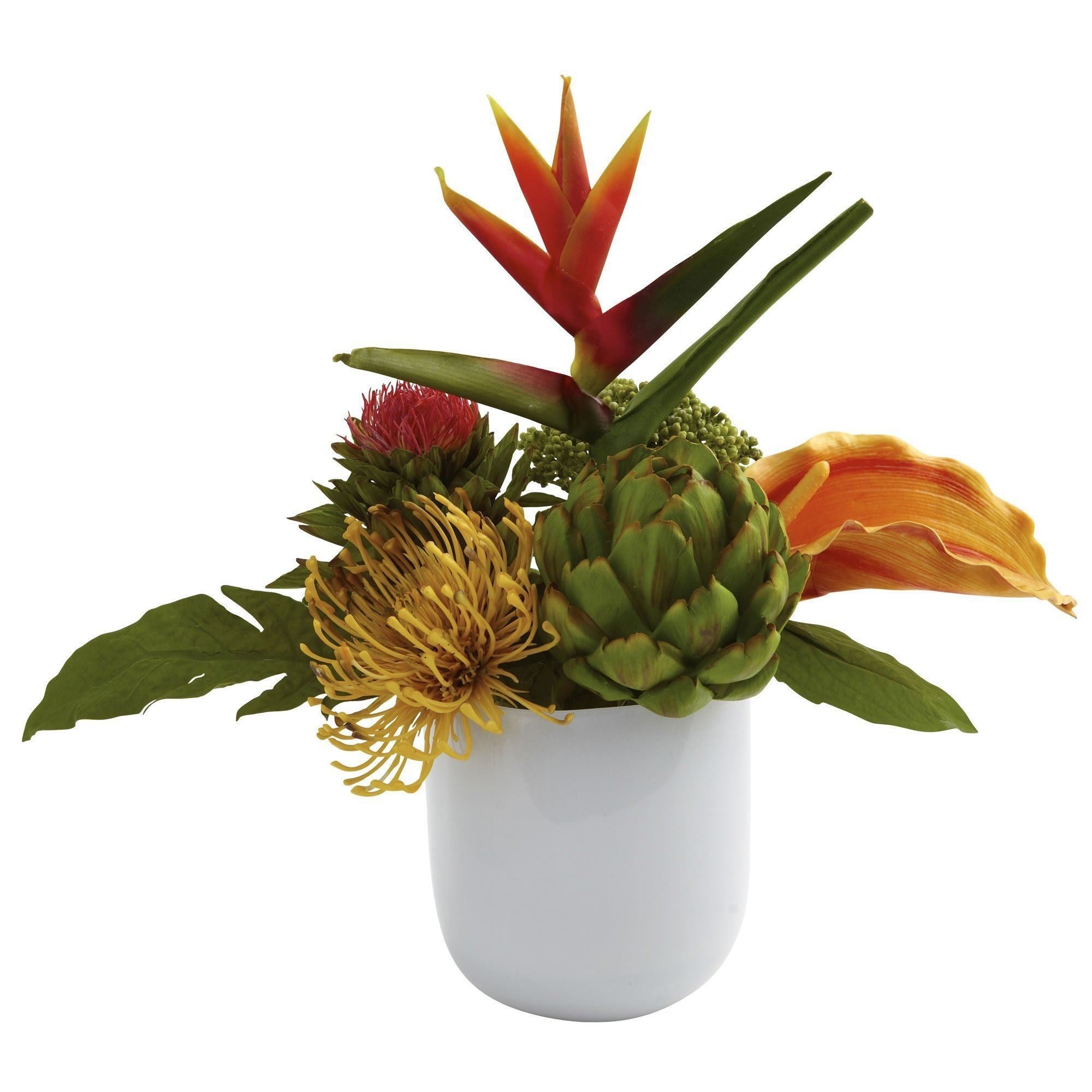  Tropical Floral Arrangement w/White Glass Vase 