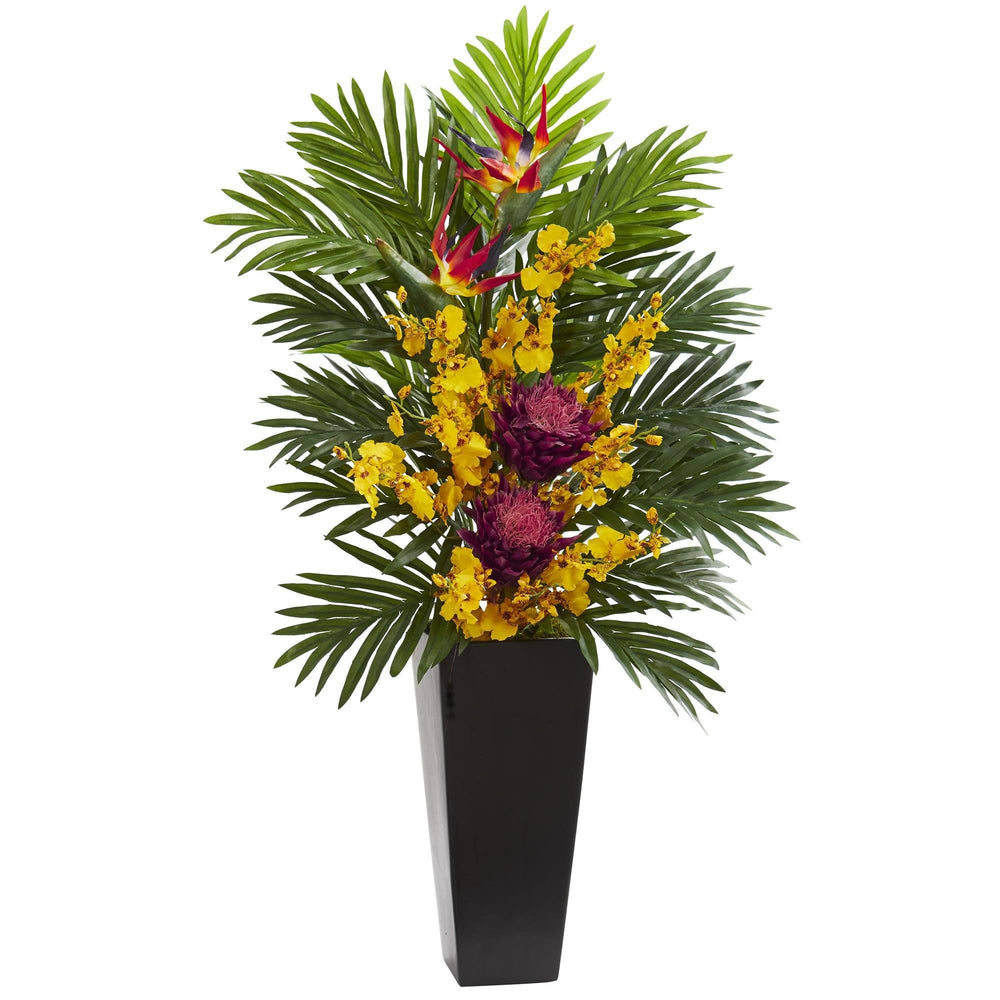 Tropical Floral Orchid Artificial Arrangement In Black Vase 1623 Nearly Natural