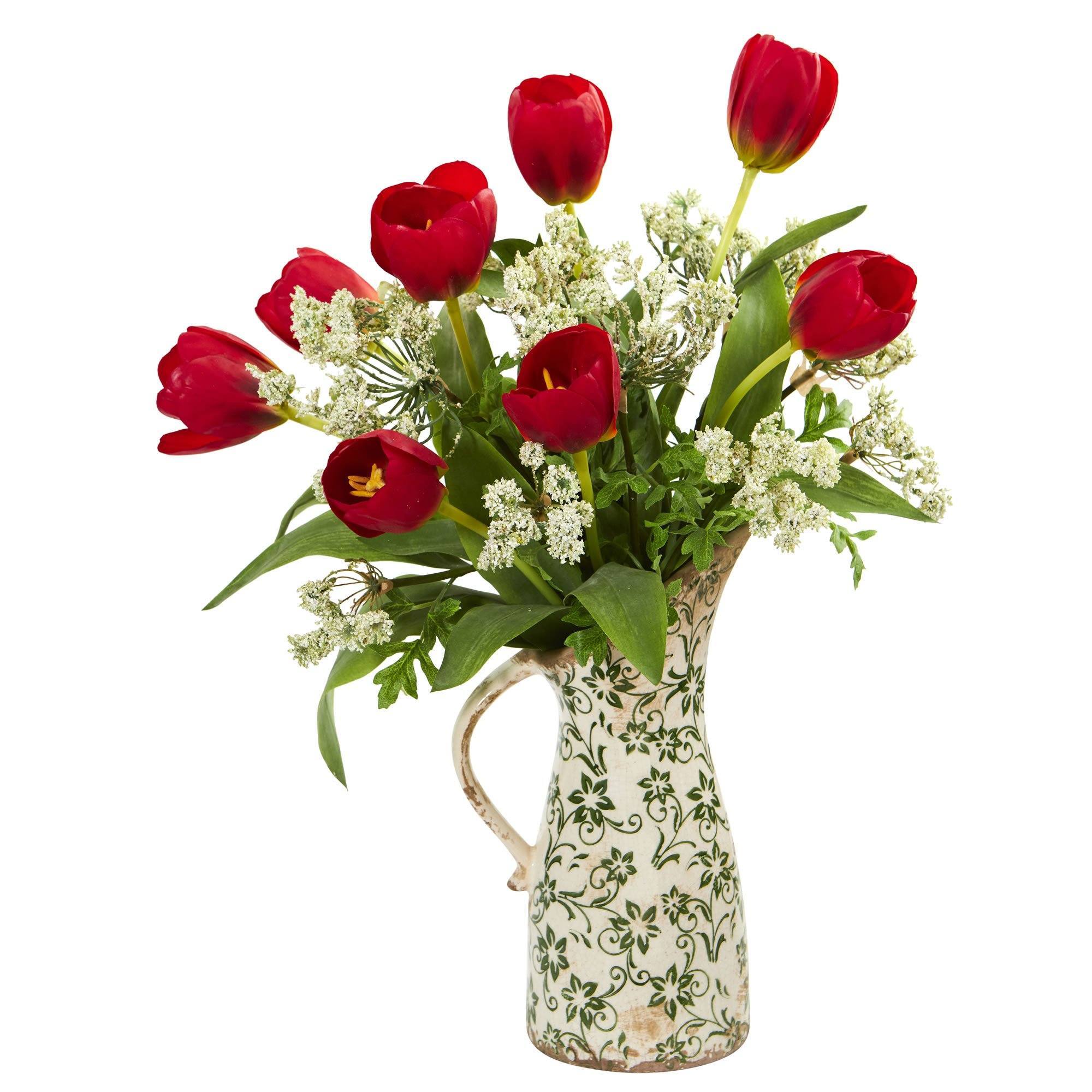  Tulips and Italian Chrysanthemum Artificial Arrangement in Pitcher Vase 