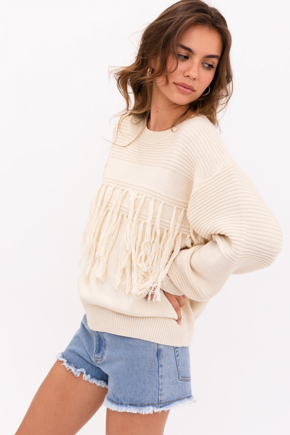 Cream Fringe Sweater