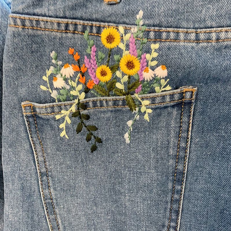 Aesthetic Floral Embroidered Flowers Pocket Jeans Casual Pants – sunifty