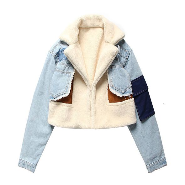 Color Block Patchwork Faux Fur Borg Sherpa Denim Jacket with Fur