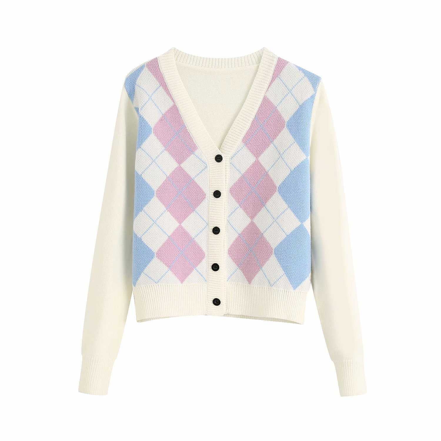 Classic Retro Color block Argyle Print Button Down Sweaters – sunifty