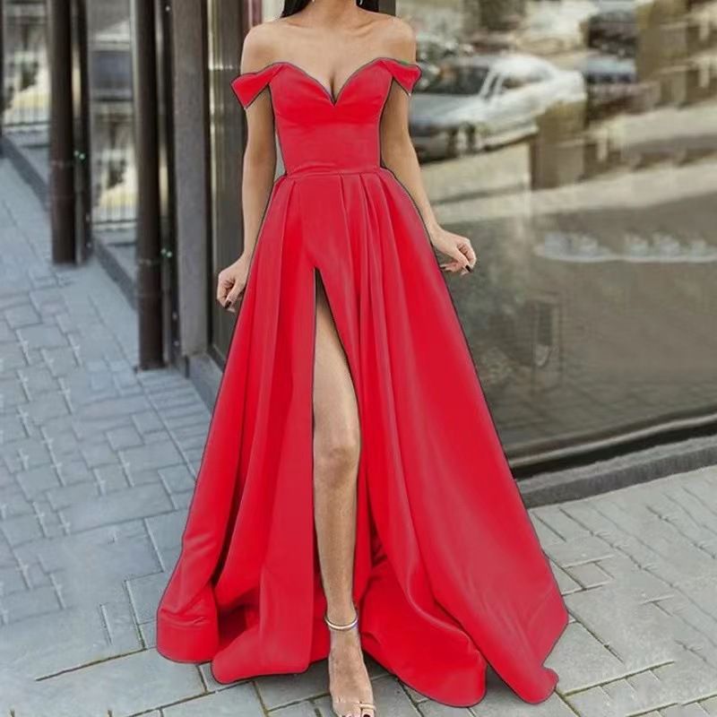 Super Simple Formal V-Neck Off Shoulder Thigh Slit Satin Prom Dress ...