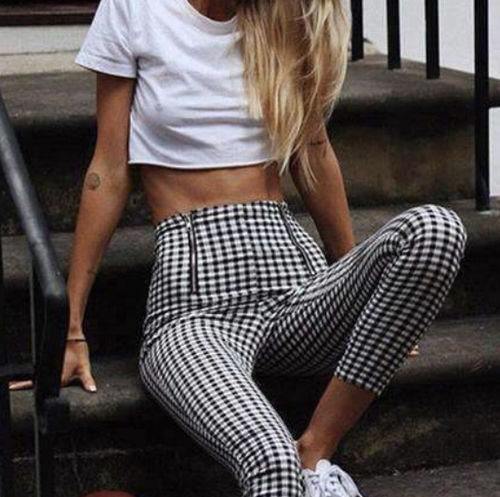 Classic Tummy Slimming Checked Trousers Stretch Skinny Pants – sunifty