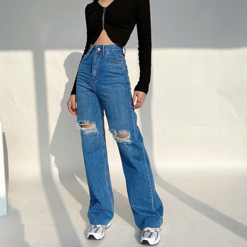 Washed Straight Slim Fit High Waist Ripped Wide Leg Denim Jeans – sunifty