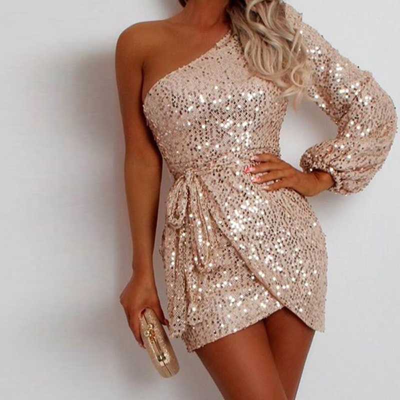 one shoulder glitter dresses