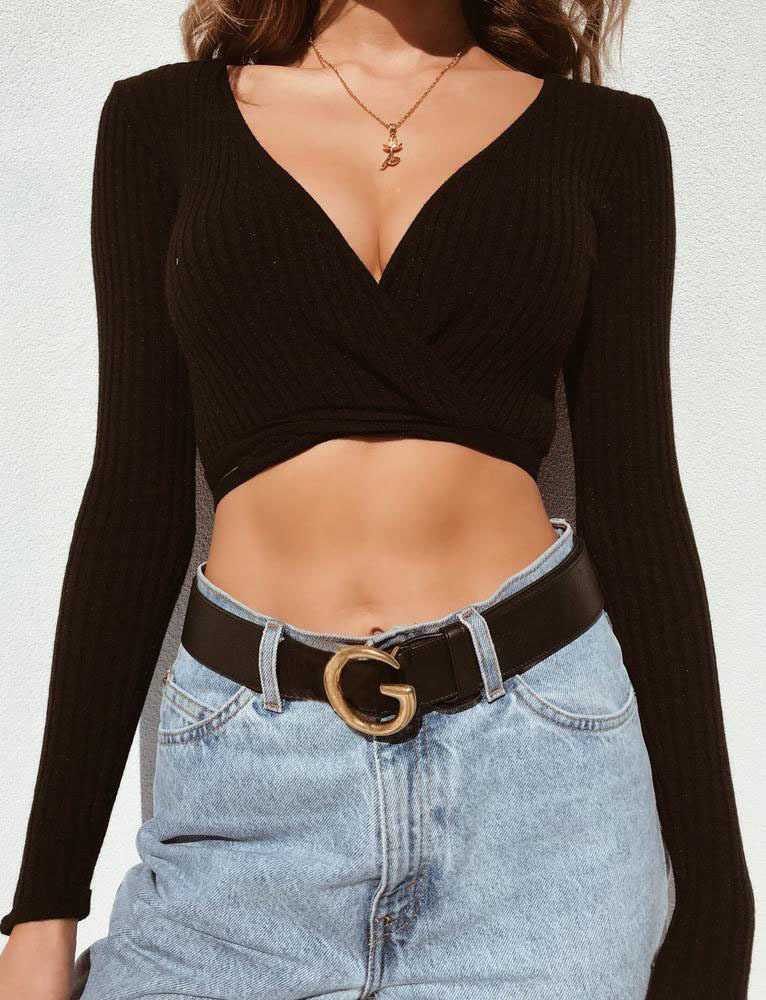 Oversized Tie Back Knitted Wrap Front Sweater Crop Tops – sunifty