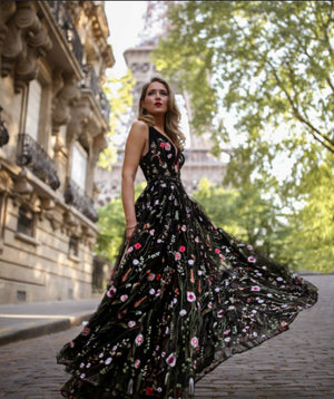 black dress with floral overlay