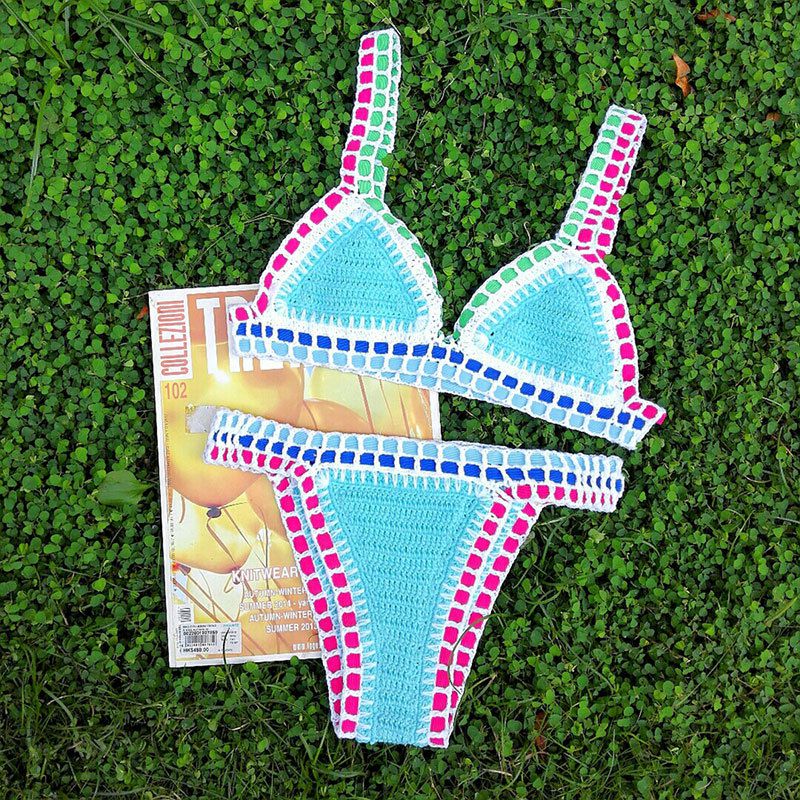 Pastel Rainbow Bohemian Trim Crochet Bathing Suit Swimsuit Sets sunifty