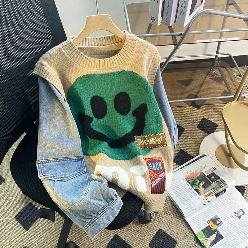 Y2k Aesthetic Smiley Face Color Block Knit Denim Sweatshirt Clothing ...