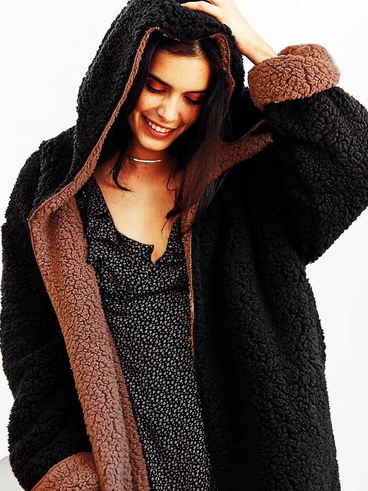 reversible fuzzy faux fur hooded coat