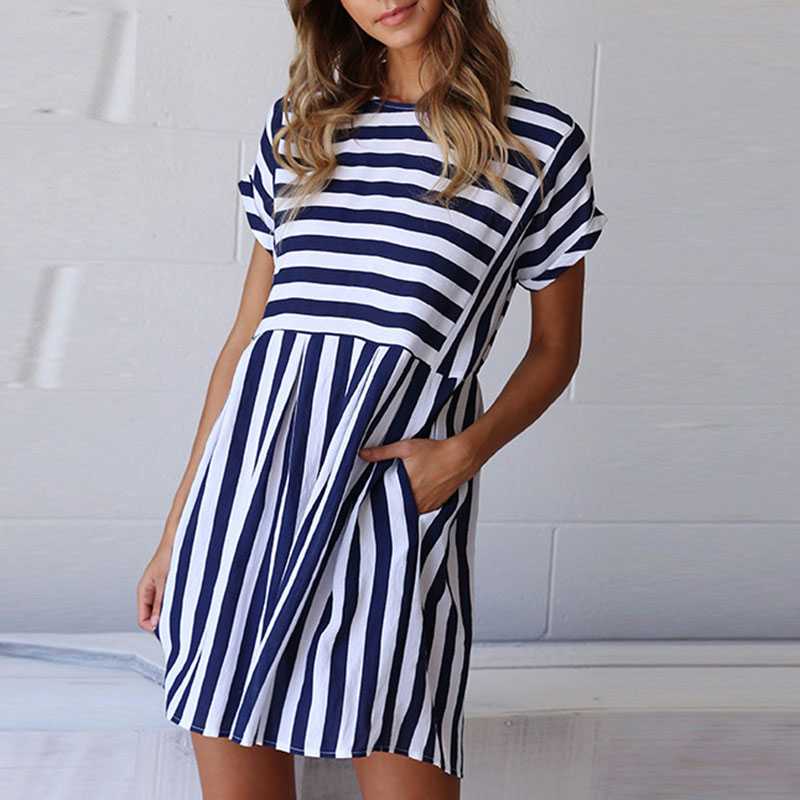 Slimming High Waisted Striped Short Sleeve Swing Dress – sunifty