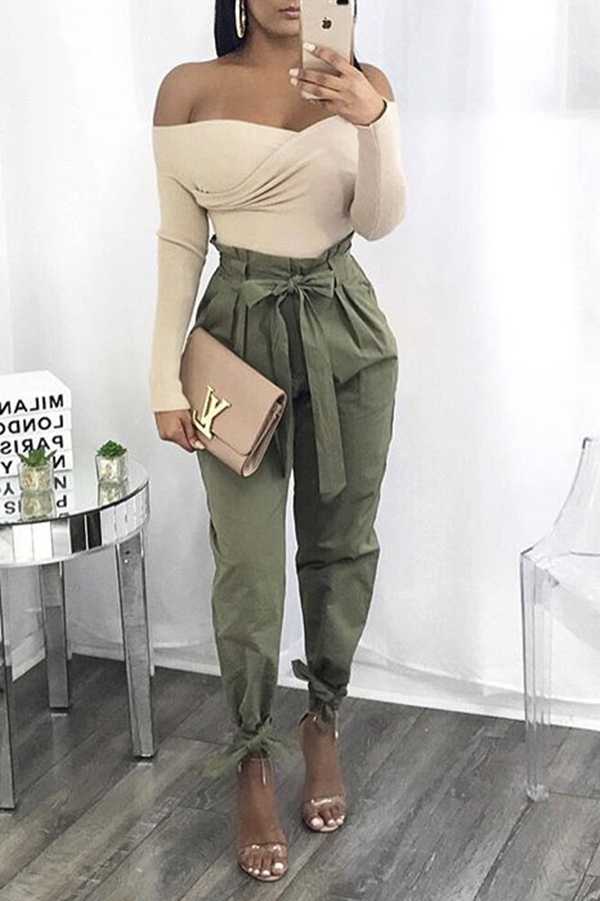 Army Green Belted High Waist Tie Cuff Pants ($30) ❤ Liked On Polyvore  Featuring Pants, Army Green, High… High Waisted Tie Pants, Army Green  Pants, Fashion Bottoms