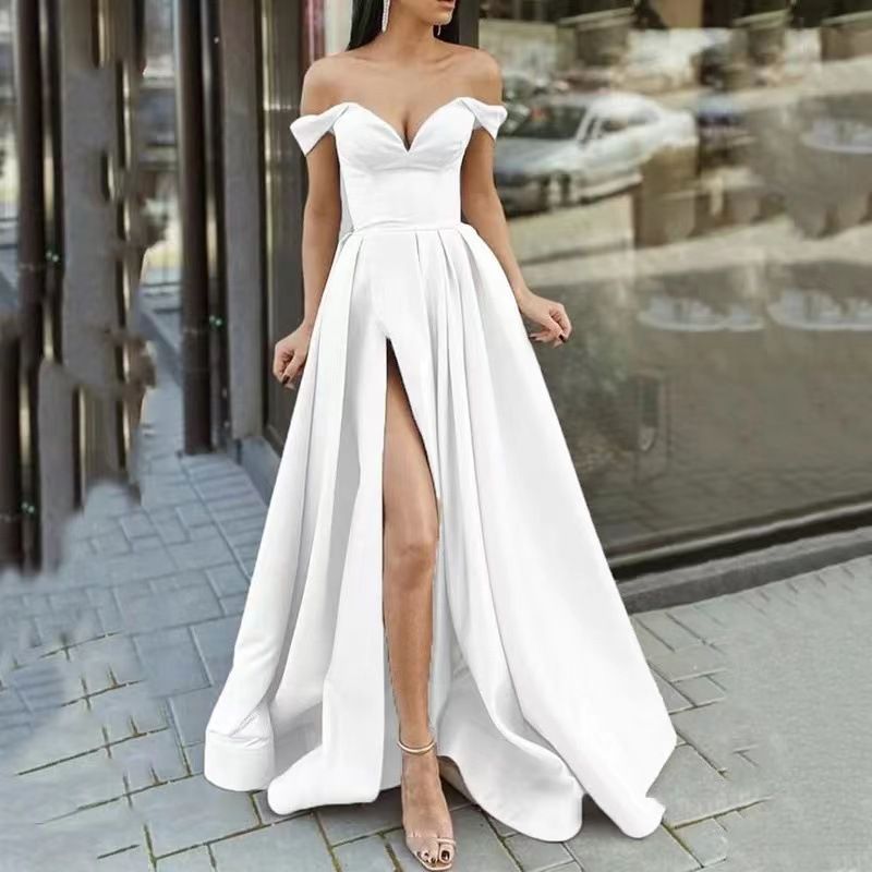 Super Simple Formal V-Neck Off Shoulder Thigh Slit Satin Prom Dress ...