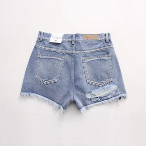 Cute Destroyed Washed Side Cut High Waisted Ripped Denim Shorts
