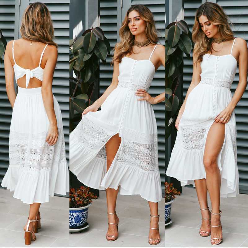 Elegant Eyelet Lace Tie Knot Back Sleeveless Button up Midi Dress – sunifty