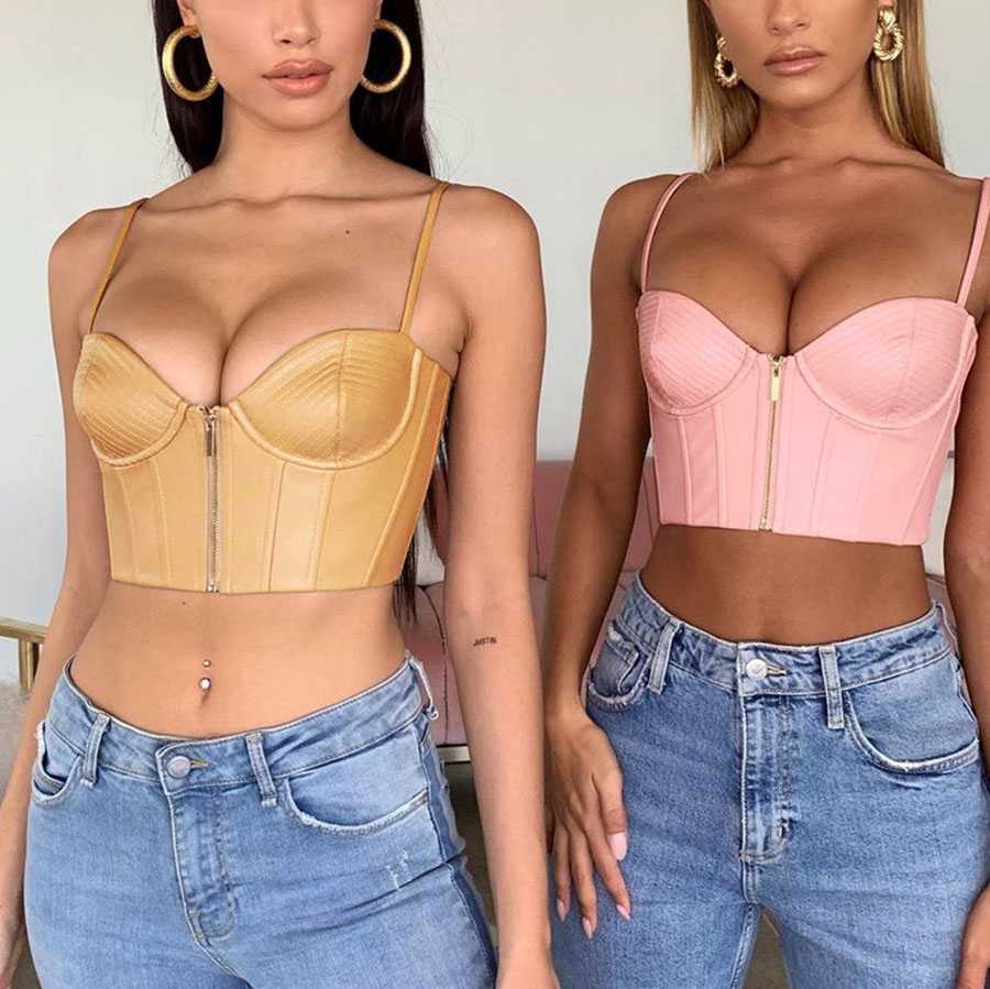 Front Zip Up Faux Leather Underwired Bustier Crop Top Tanks Sunifty