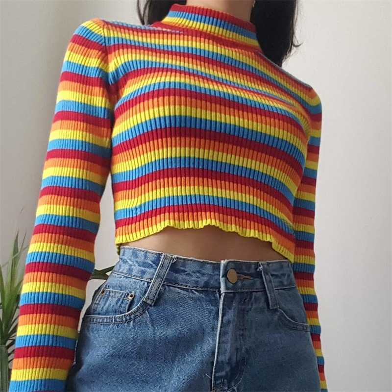Colorful Rainbow Stripes Cropped Turtleneck Sweater Long Sleeve – sunifty