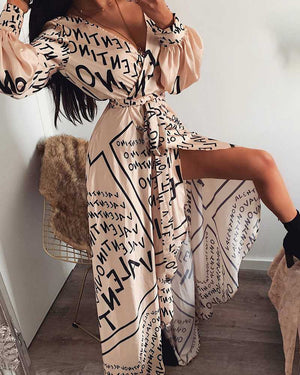 v neck long sleeve printed split casual dress