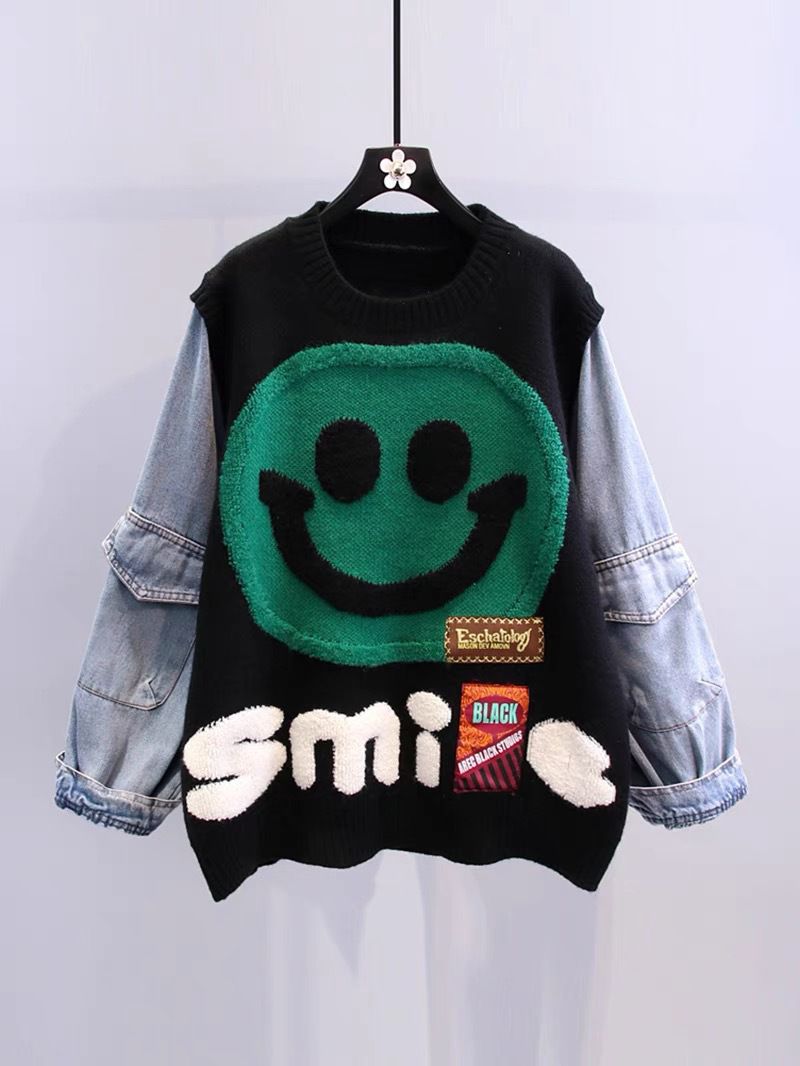 Y2k Aesthetic Smiley Face Color Block Knit Denim Sweatshirt Clothing ...