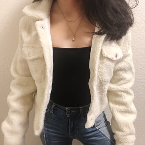 white fur cropped jacket