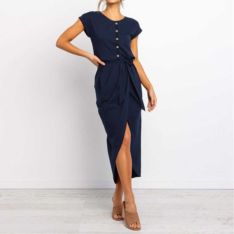 Buttons Short Sleeve Tie Waist Midi Dress With Slit – sunifty