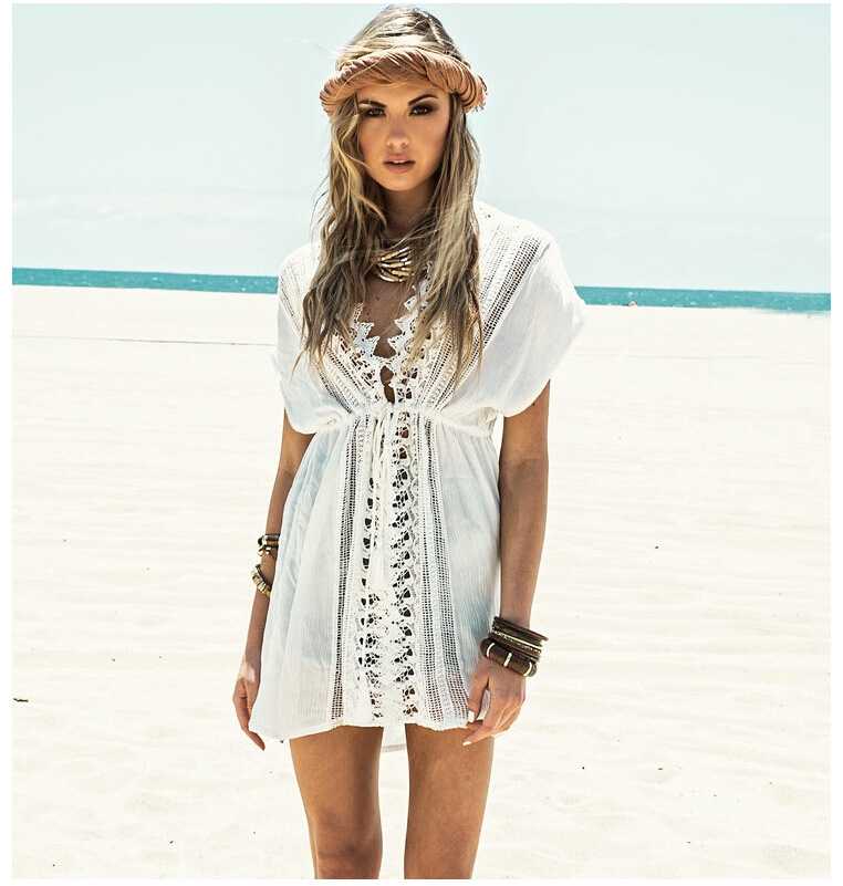 Beach Trip Honeymoon Deep V Neck White Crochet Lace Beach Dress Cover ...