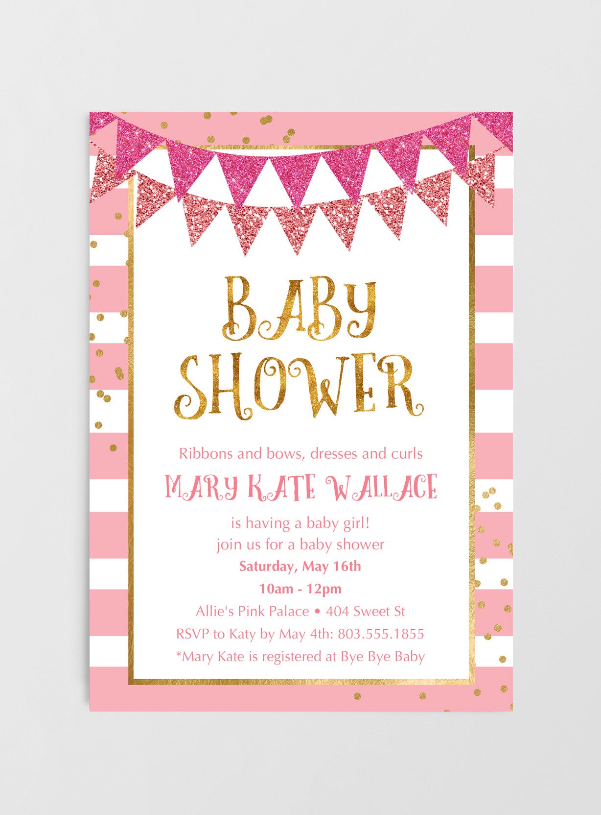 Baby Shower Invitations - Pink & Gold Banner – Nella Designs