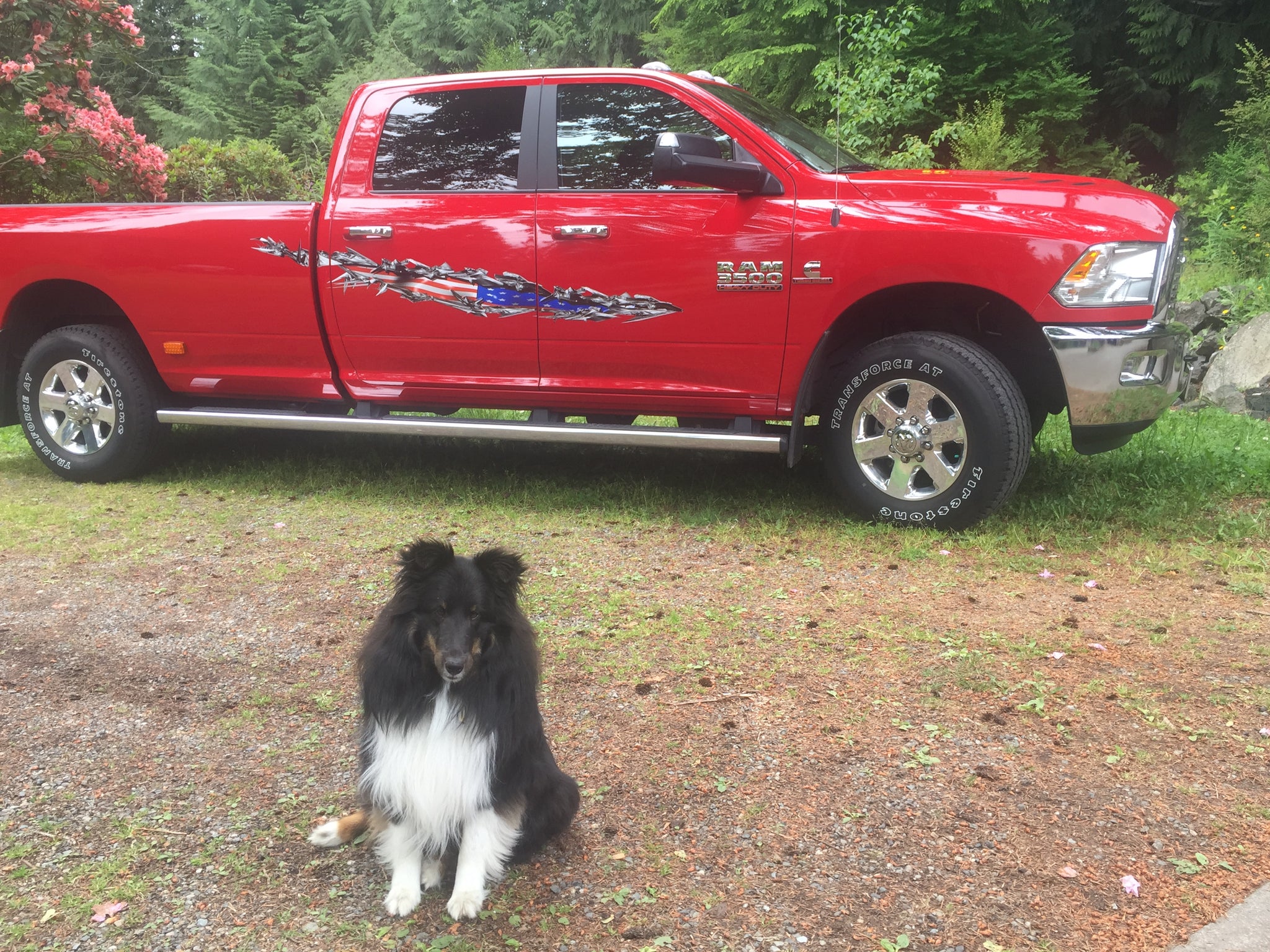 american flag decals on red dodge ram pickup