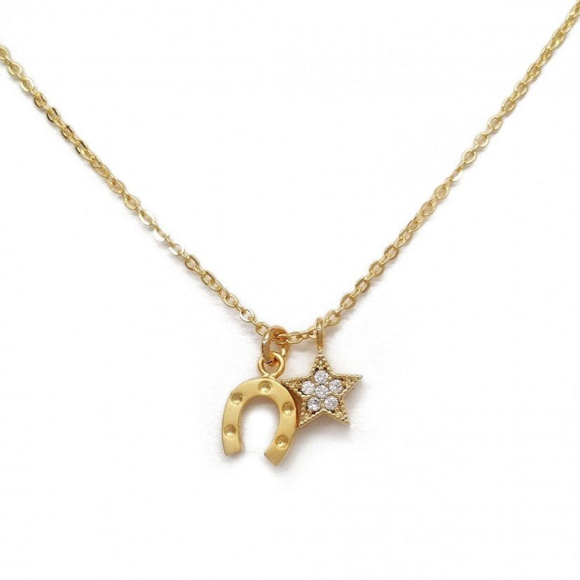 Pave Star & Horse Shoe Charm Necklace - Gold