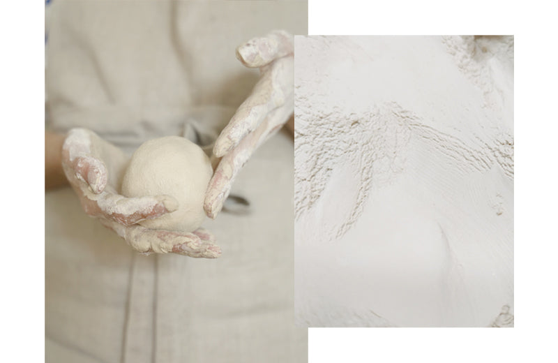 Two images: 1. Hands holding a raw ceramic ball ready to be moulded; 2. Close-up of the porcelain texture. Delicate and smooth. 