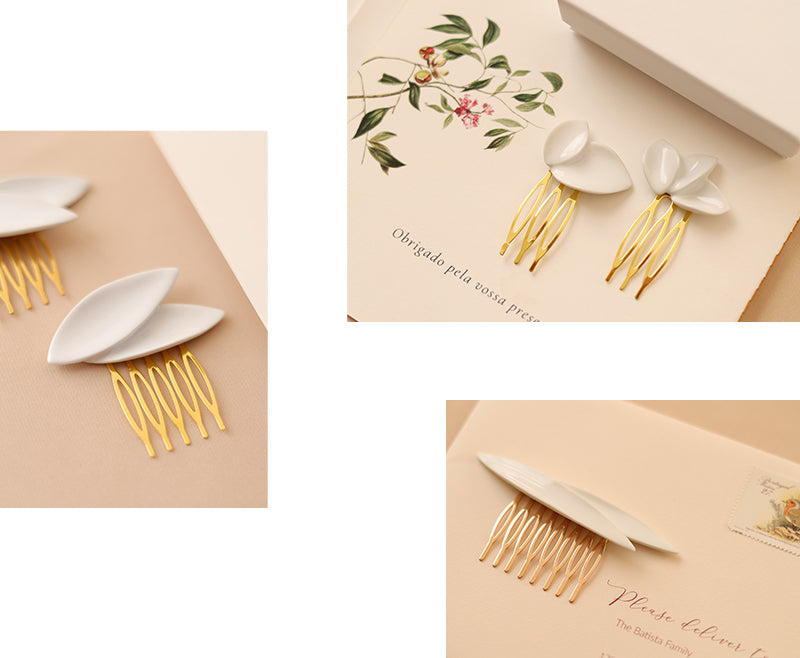 Delicate and ornate bridal hairpins, embellishing the bride's hairstyle with elegance and sophistication.