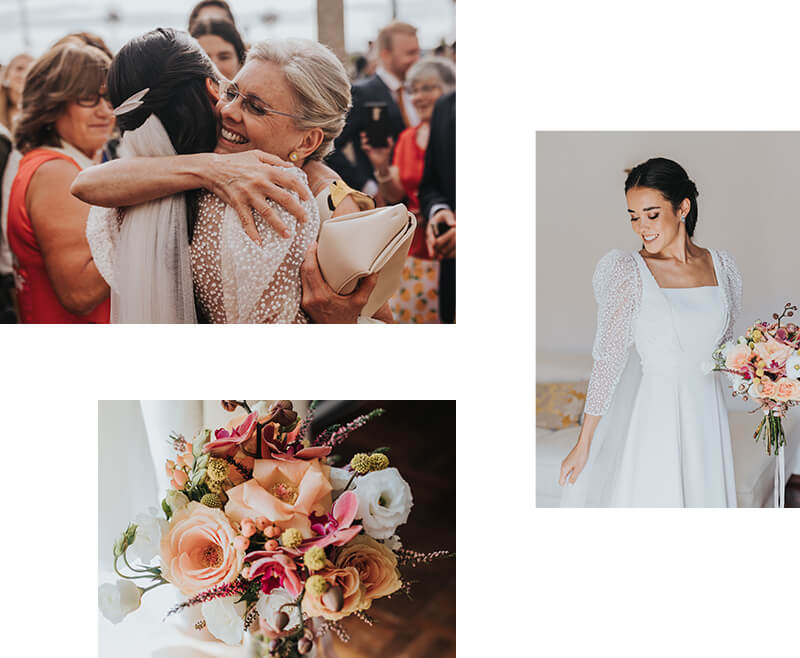 Joyful couple on their wedding day, celebrating love and happiness surrounded by family and friends.