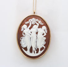 Load image into Gallery viewer, Large 14K Gold Three Graces Shell Cameo Brooch, Vintage Pendant
