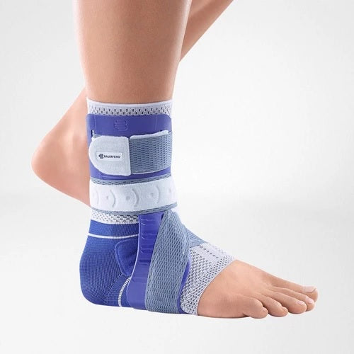 Ankle support in a colour combination of blue and grey and is worn on the right ankle. It is considered one of Bauerfeind Australia's best recovery ankle supports, Malleoloc L3 Ankle Brace.