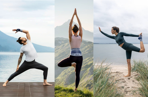 men and women doing yoga poses in nature. Each is wearing a different type of Bauerfeind brace (wrist, back, ankle) to assist in relieving their joint pain and injury recovery process.