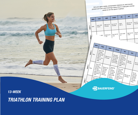 Download our Triathlon Training plan: preview image of a woman running on the beach in compression calf sleeves, overlaid with weekly training sessions from the plan