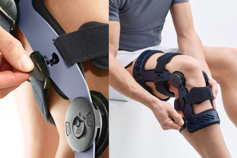 SecuTec Genu Knee Brace. Two pictures are side by side, one with a zoomed out view of an ACL tear patient adjusting the straps and one with them adjusting the hinges