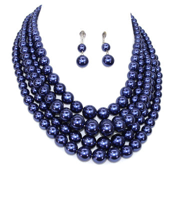 Womens Fashion Blue Multi Strand Pearl Necklace Set, Gift for Her