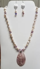 pink carved-bird-mother-of-pearl-w-keshi-pearls-necklace-keshi-crystal-fish-hook-earrings