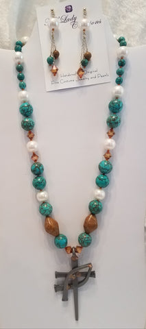 https:turquoise-fresh-water-pearls-wood jasper-horse-shoe-nail-cross-icthus-necklace-matching-earrings