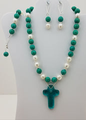 turquoise-howlite-freshwater-baroque-pearls-w-fused-glass-cross-necklace-bracelet-long-kidney-earrings