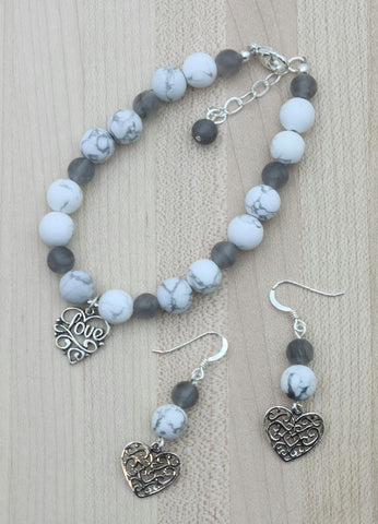 Howlite & Love bracelet & earrings