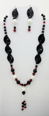 Black Onyx Leaves with Baroque Freshwater Pearls & Scarlet Crystals Necklace & Earrings